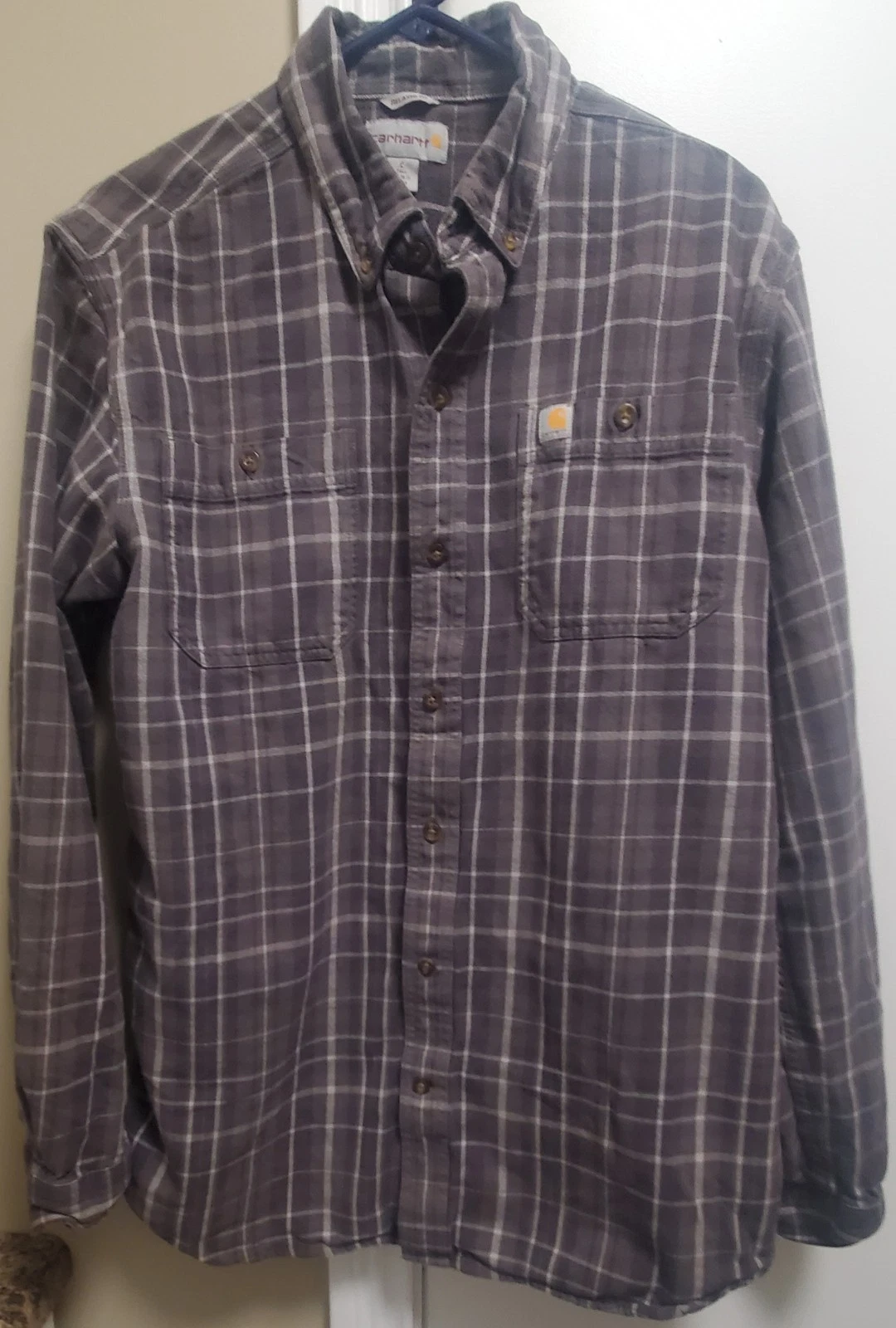 Carhartt Grey & White Plaid Long Sleeve Button Up Shirt Mens Size L Tall #0013