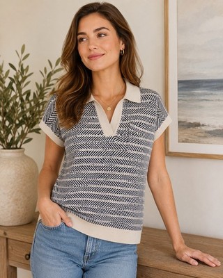 NWT Women 2XL Knit Polo Sweater Top Black Ivory Herringbone Career Casual Blouse