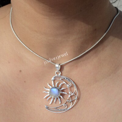 Rainbow Moonstone Gemstone 925 Sterling Silver Half Moon Pendant  Necklace/Hp-136