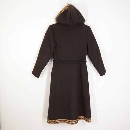 Vtg 70s Wool Coat Brown Boho Embroider Edge Pockets Tie Waist Lined Hooded - Picture 14 of 19