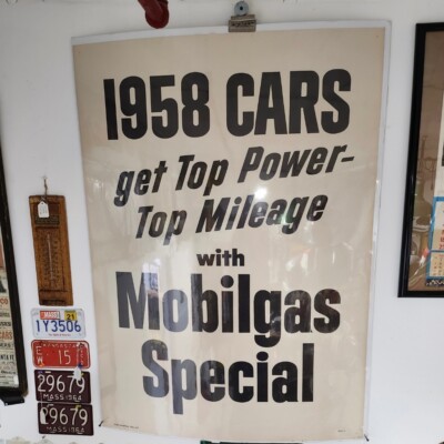 VINTAGE 1958 PAPER POSTER - CARS GET TOP POWER TOP MILEAGE WITH MOBILGAS SPECIAL