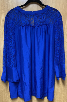 Zanzea Collection Blue 3/4 Lace Bell Sleeve Key Hole Back Blouse Top 1X 16 18