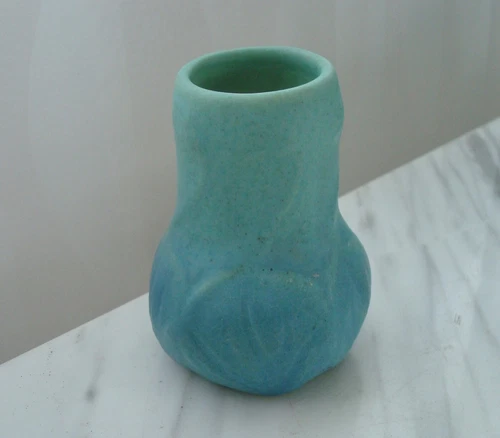 Vintage Arts Crafts Turquoise VAN BRIGGLE Pottery Onion Bulb Violets Leaves VASE