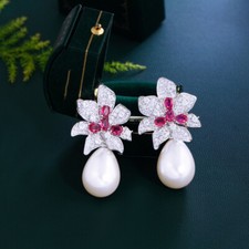Trendy Silver Plated CZ Rose Red Bridal Long Dangle Drop Pearl Flower Earrings
