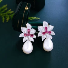 Trendy Silver Plated CZ Rose Red Bridal Long Dangle Drop Pearl Flower Earrings