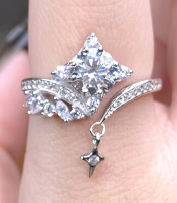 Radiant Cut Moissanite Diamant Wickelring verstellbar Rhodium Overlay Silber, Gr. N