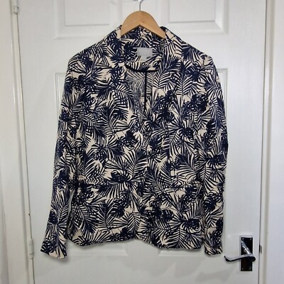 Pure Collection Jacket UK 12 Blue Cream Palm Leaf Print 100% Linen Blazer  UK
