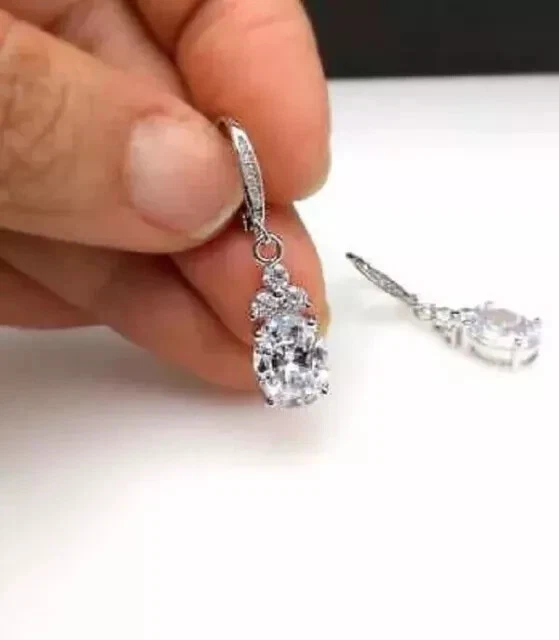 Drop Dangle Solitaire Earring 4Ct Oval Lab Created Diamond 14K White Gold Plated - Image 3 of 4