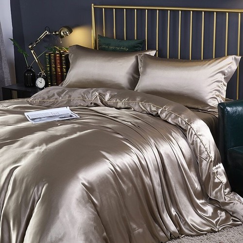 Mulberry Silk Satin Bedding Sets Duvet Cover Fitted/Flat Bed Sheet Pillowcases - Afbeelding 1 van 52