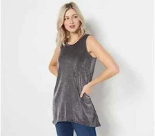 LOGO Layers by Lori Goldstein Metallic Mesh Tank Top-Black-Large-A463627
