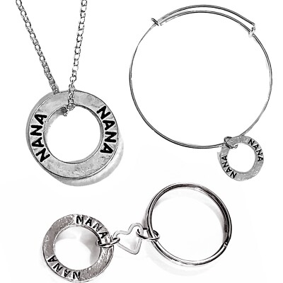Silver Nana Jewelry Set Necklace Adjustable Bracelet Keychain Keyring