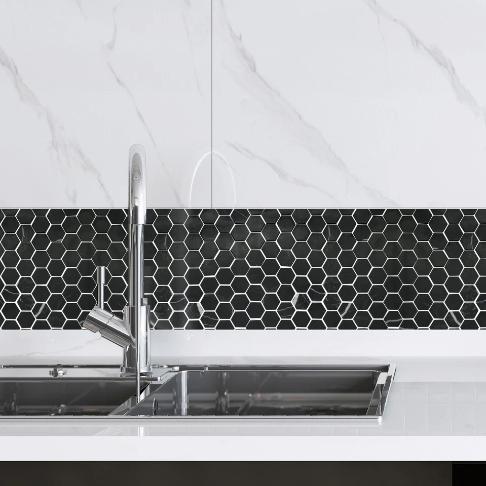 Hoja de azulejos de mosaico hexágono negro mármol marquina para paredes pisos baños cocina Foto 2 de 4