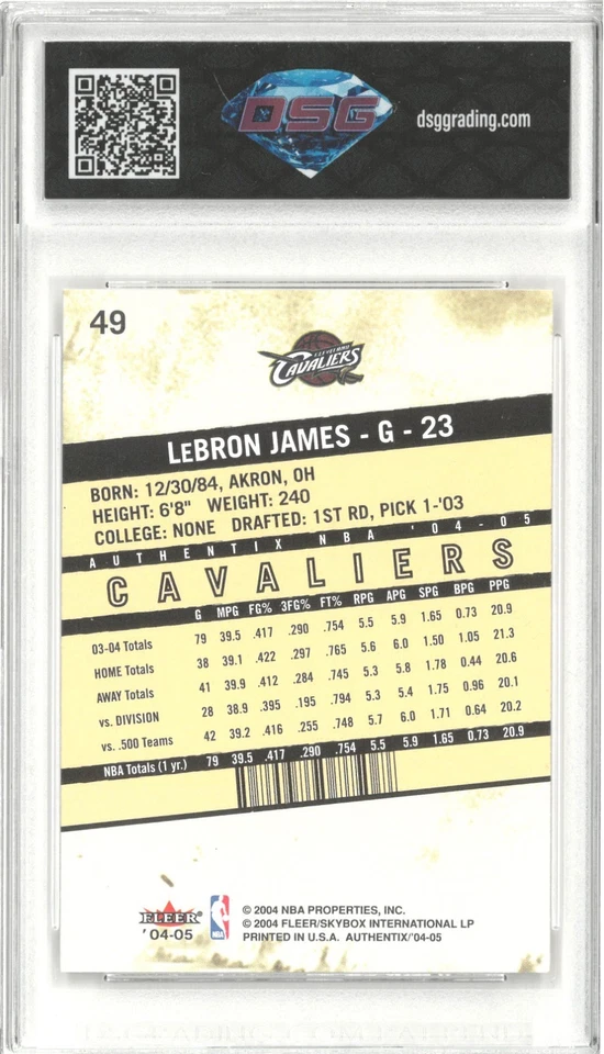 2004-05 Fleer Authentix LEBRON JAMES #49 💎 DSG 10 Gem Mint - Image 2 of 2
