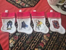 Super Hero Themed Mini Christmas Stockings Set of 4 Red and White