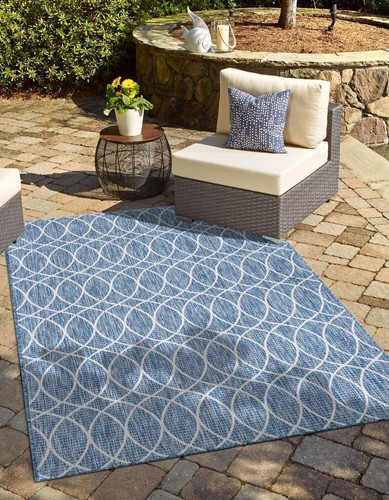 Outdoor Trellis Collection Area Rug - Gitter (5' 3" x 8' Rectangle, Blue/ Ivory)