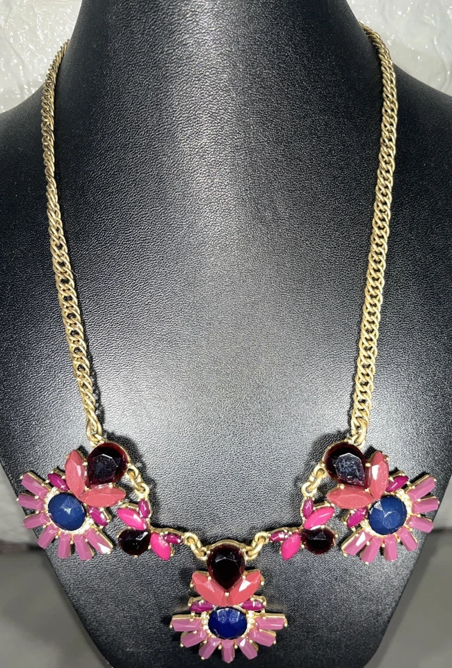 J. Crew Statement Bib Pink,mauve,blue Rhinestone Goldtone Necklace 15-17 1/2” - Image 2 of 4