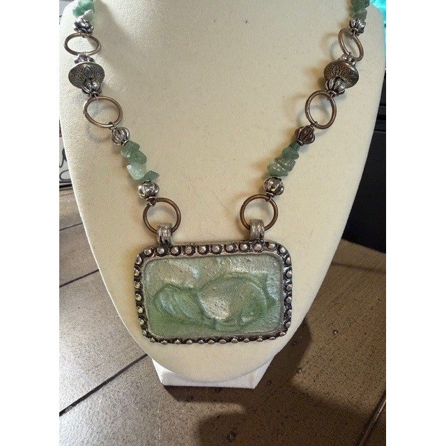 Rectangular Stone Pendant Necklace Silver Tone Ch… - image 2