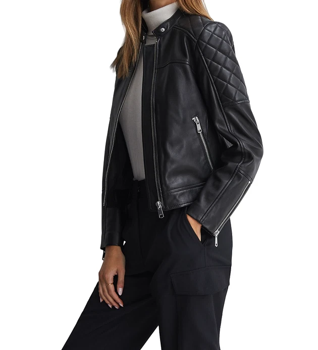 Womens Real Leather Jacket Collarless Quilted Black Zip up Casual Biker Jacket
Opens in a new window