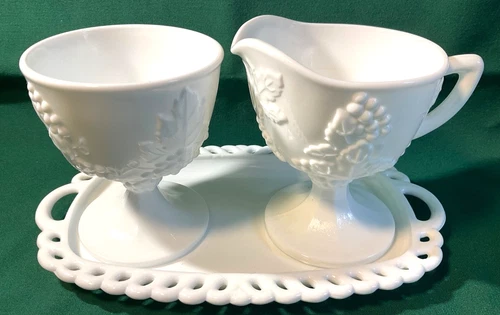 Vintage Indiana Colony Harvest White Milk Glass Cream & Sugar w Tray -  Grapes