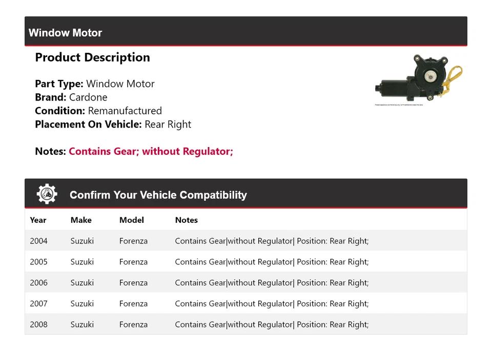 Motor ventana trasera derecha cardone 2005 2006 2007 Suzuki Forenza 2004-2008 Foto 2 de 4