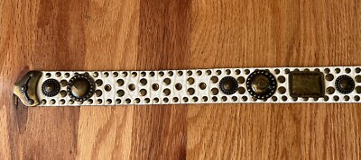 Vintage SAND CASTLE White Leather Brass Studded Belt Medium  display picture 3