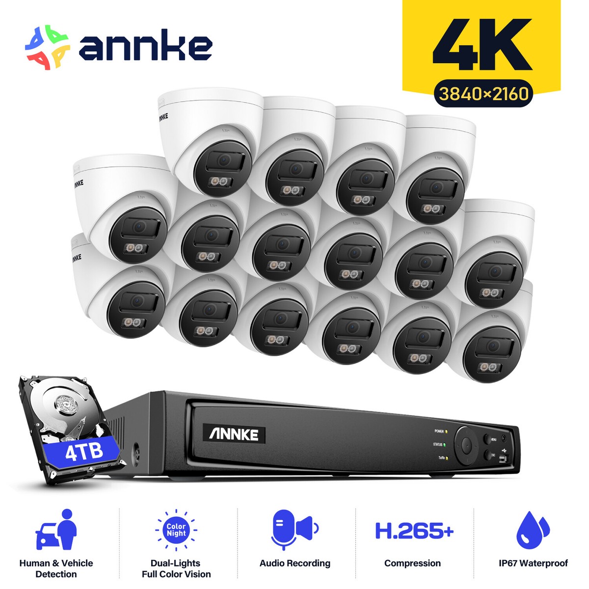 ANNKE 16CH 4K PoE CCTV System – 16x 8MP Outdoor Cameras, 4TB HDD, Human/Vehicle Detection, 100ft Night Vision, 24/7 Recording-877880
