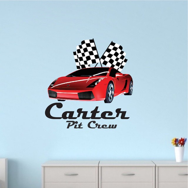 Red Ferrari Race Car Wall Decal Name Wall Decal Mural Racing Flags