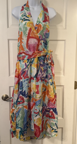 Lauren Ralph Lauren Damen 100 % Seide Blumen Maxi Neckholder buntes Kleid Gr. 16