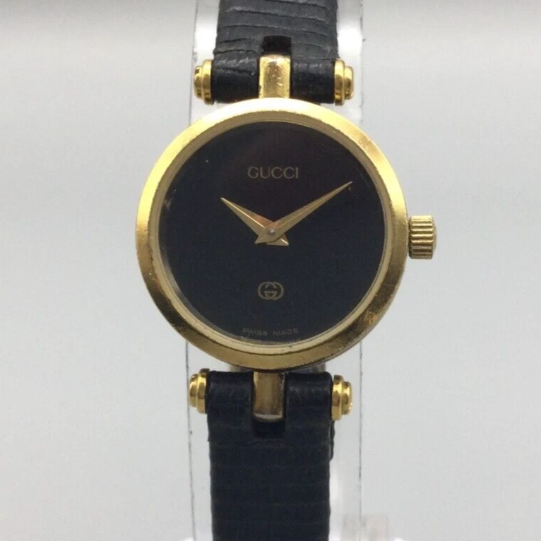 Montre Gucci vintage femme 22 mm cadran noir ton or BRACELET CASSÉ pile neuve