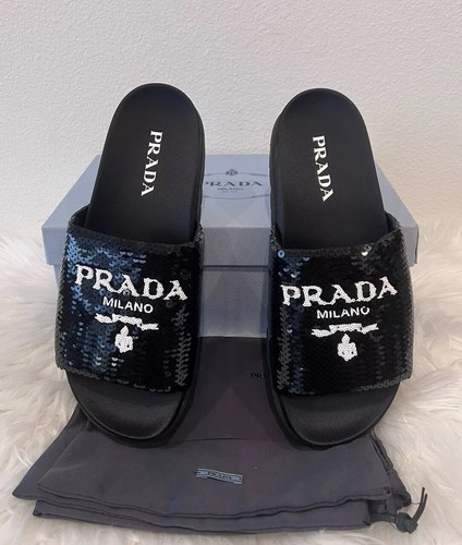NIB Prada Sequin Logo Paillettes Slide Monolith Plaque Lug Triangle Pool Flat 39