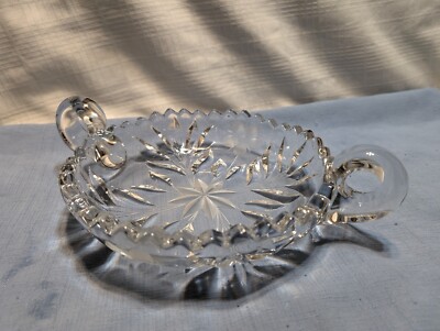 Floral Etched Cut Glass Serving Bowl Candy Dish Sawtooth Edge Double Loop Handle