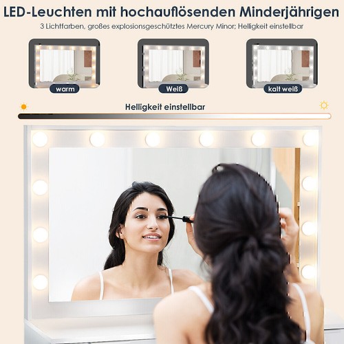 Große Schminktisch Weiß mit LED Beleuchtung und Hocker Kosmetiktisch mit Spiegel - Bild 9 von 14