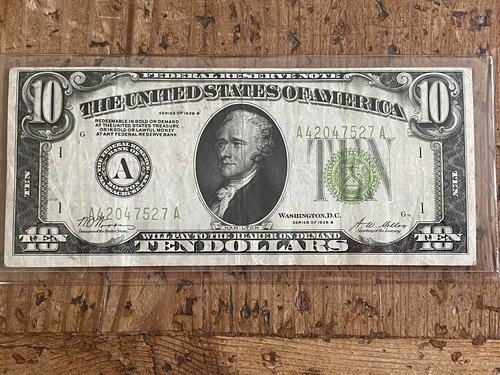 Misaligned Green Lime Green 1928 B $10 Note Boston - Picture 2 of 3