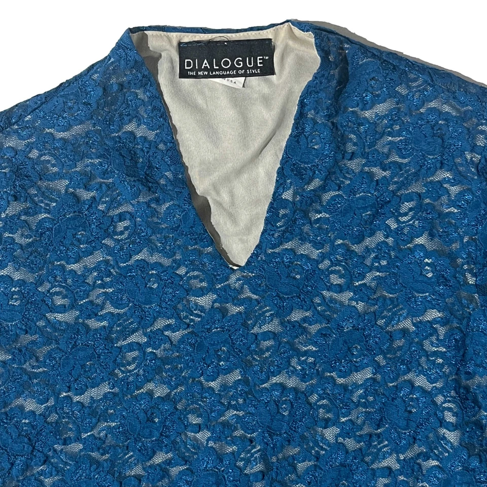 Женская блуза Dialogue синяя кружевная прозрачная с длинными рукавами с цветочным узором размер Small - Изображение 4 из 4