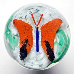 Signed "WOODS" Old Frit Butterfly Over Green/White Lobed Cushion Paperweight