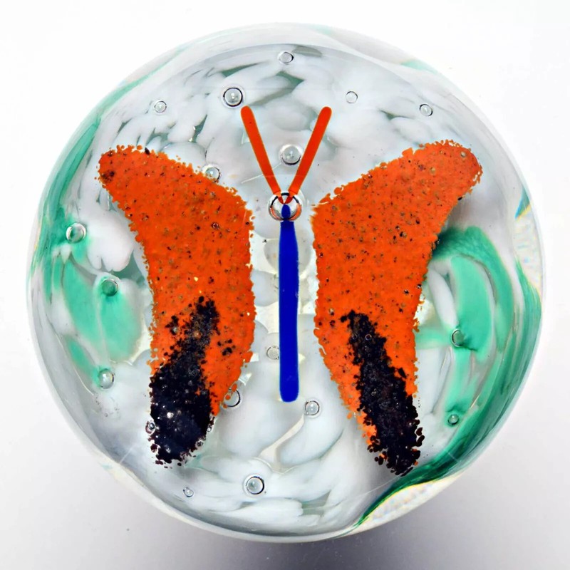 Signed "WOODS" Old Frit Butterfly Over Green/White Lobed Cushion Paperweight