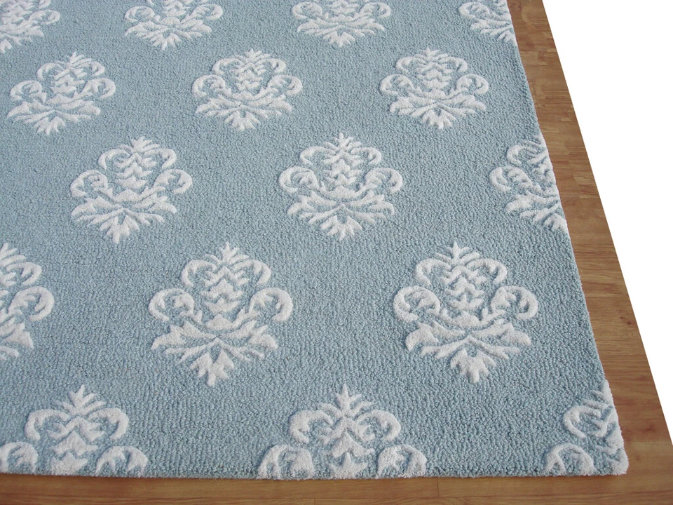 Damask Blue White Modern Loop Handmade Hand-Tufted 100% Wool Area Rug Carpet. - Image 3 of 4