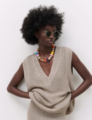 ZARA WOMAN NEW V NECK OVERSIZED SWEATER VEST WAISTCOAT TAN 5755/033 SZ  LARGE