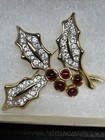 Swarovski Signed Red And Clear Pave Crystal Mistle Toe Christmas Brooch Pin