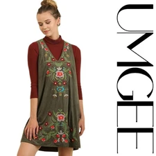 SIZE S/M UMGEE  OLIVE Brushed Suede Floral Embroidery Jumper/Dress/Tunic BHCS