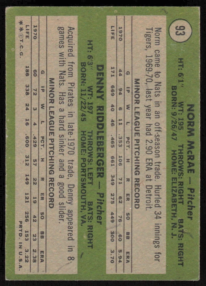 1971 Topps #93 Senators 1971 Rookie Stars (Norm McRae) (JB4) - Image 2 of 2