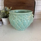 Vintage McCoy Diamond Quilted Leaf & Berries Seafoam Green Jardiniere Plant Pot