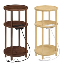 HOOBRO Side Table with Charging Station Round Bamboo End Table Bedside Table