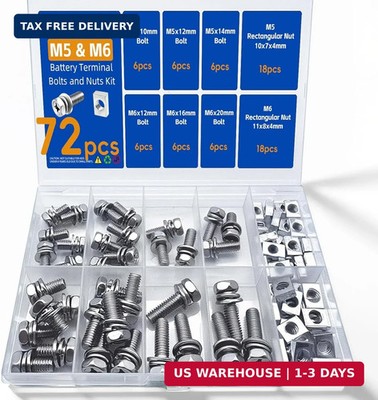 72 Pack M5 & M6 Motorcycle Battery Terminal Bolts and Nuts Kit Stainless Steel M