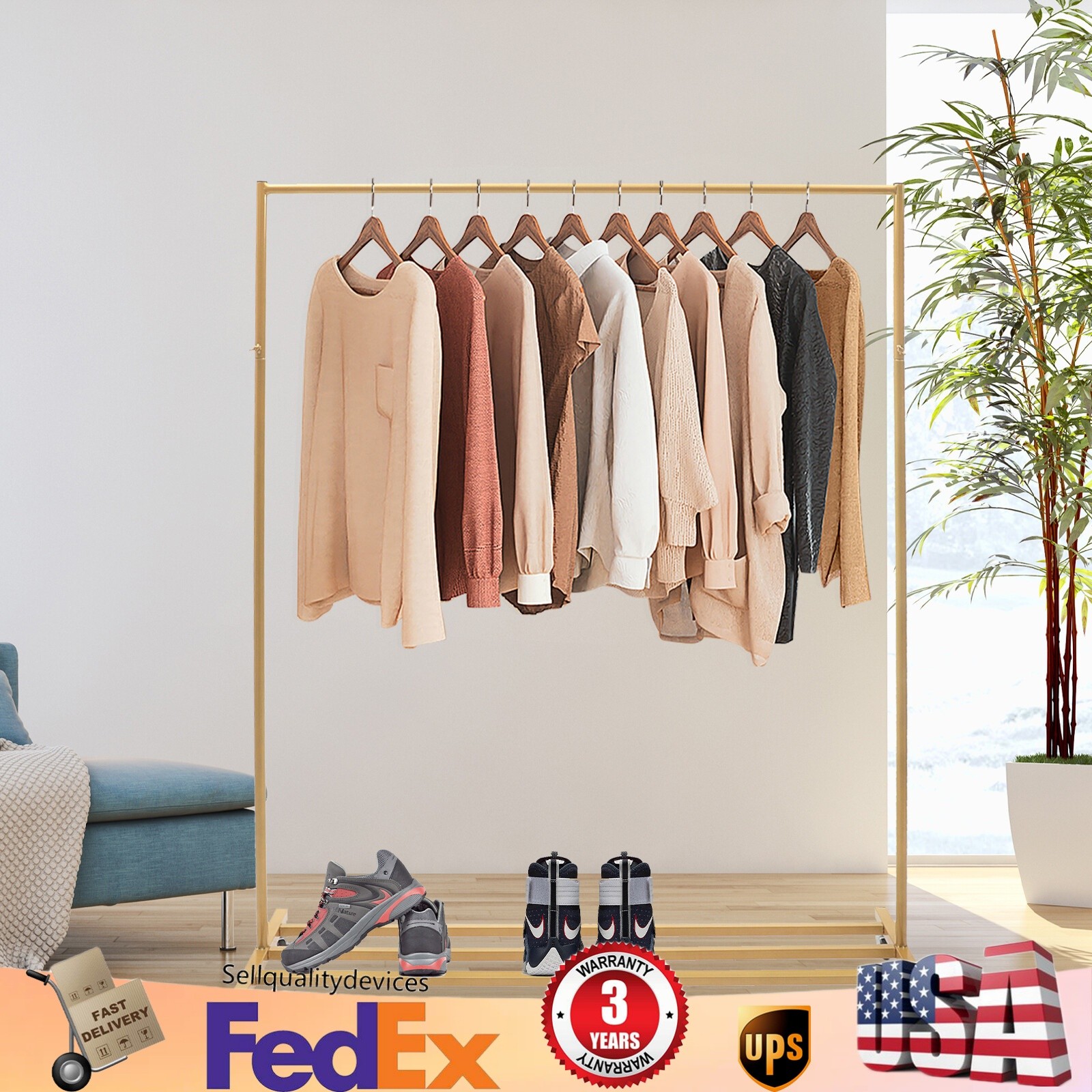 Clothes Rack With Wheels Gold Industrial Free Standing Garment Storage Rack-image