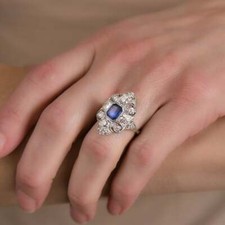 Edwardian 1.42CT Blue Sapphire With Old European Cut CZ Elegant Filigree Ring