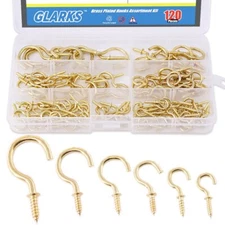 	Brass Plated Screw-In Cup Hooks Lag Thread Handy Hooks Assortment 120Pcs 6 S...