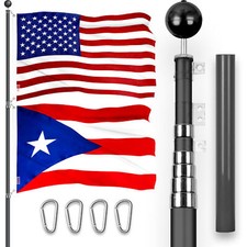25 Ft Telescoping Flagpole Black American and Puerto Rico Flags Emb 300D 3x5Ft