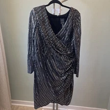 NW Nightway Black Mirrored V-neck Wrapped Look Cocktail Dress Size 18