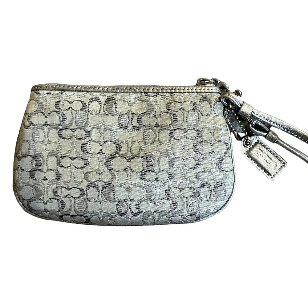 COACH Wristlet Shimmering Silver Monogram Logo Classic Small Purse OS EUC